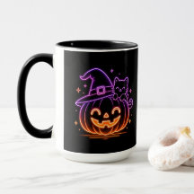 Cute Neon Halloween Pumpkin Cat Coffee Mug