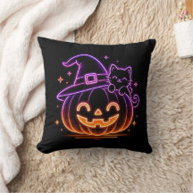 Cute Neon Halloween Pumpkin Cat Throw Pillow