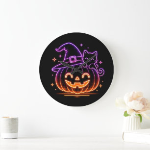 Cute Neon Halloween Pumpkin Cat Wall Clock