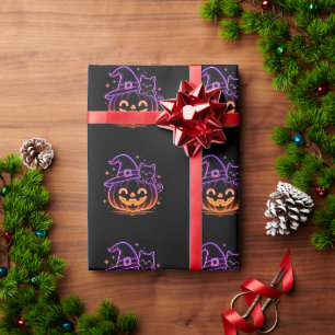 Cute Neon Halloween Pumpkin Cat Wrapping Paper