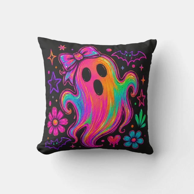 Cute Neon Rainbow Halloween Ghost With Bow Cushion (Front)