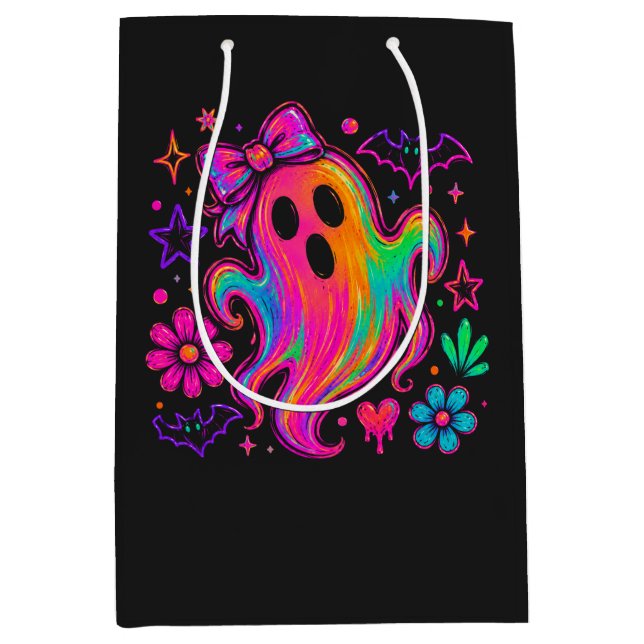Cute Neon Rainbow Halloween Ghost With Bow Medium Gift Bag (Front)