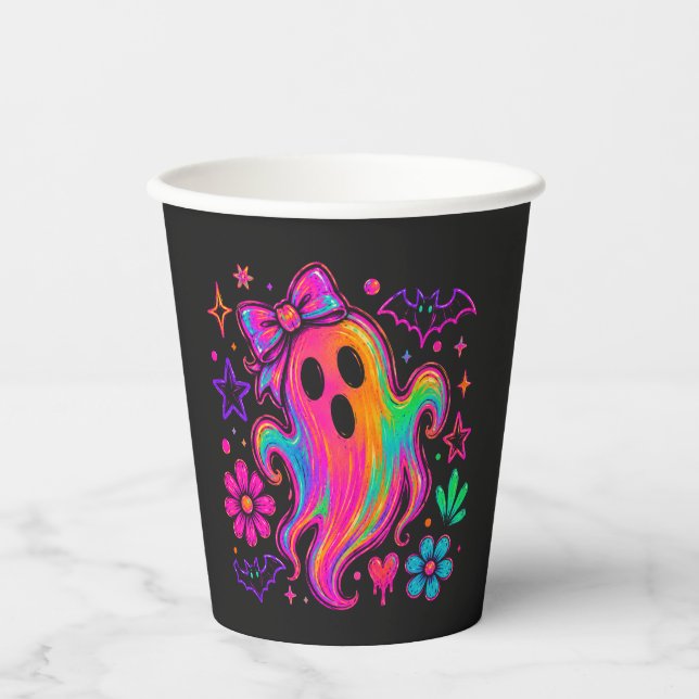 Cute Neon Rainbow Halloween Ghost With Bow Paper Cups (Front)