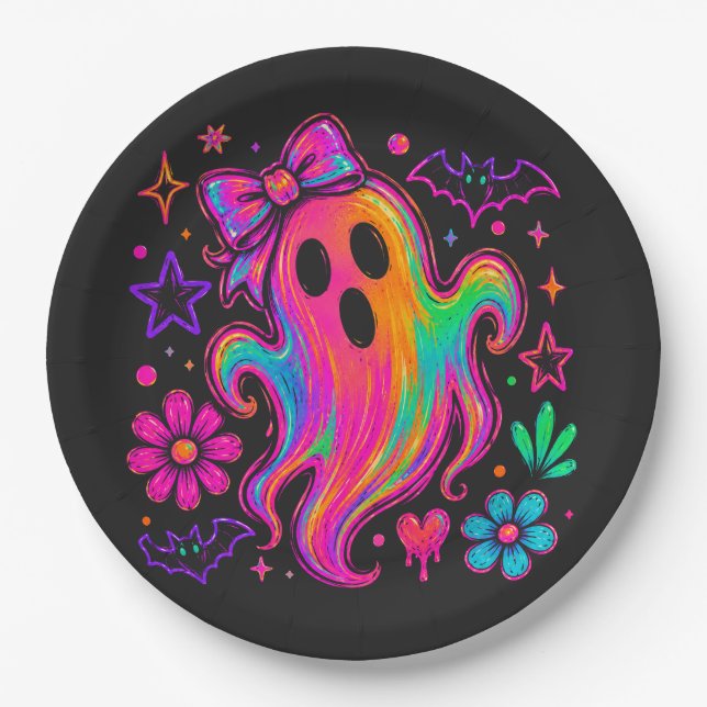 Cute Neon Rainbow Halloween Ghost With Bow Paper Plate (Front)