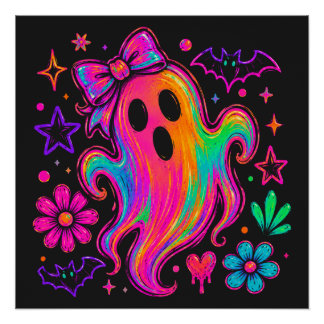 Cute Neon Rainbow Halloween Ghost With Bow Poster