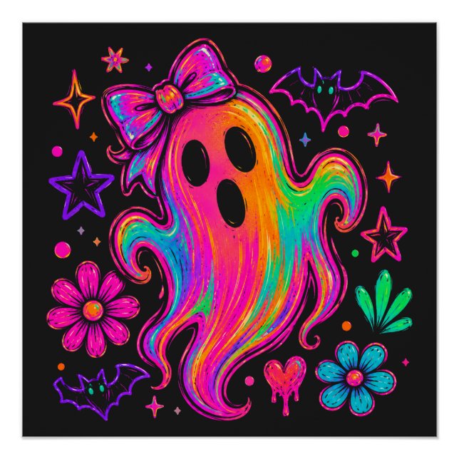 Cute Neon Rainbow Halloween Ghost With Bow Poster (Front)
