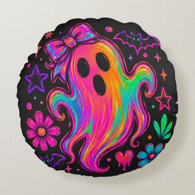 Cute Neon Rainbow Halloween Ghost With Bow Round Cushion (Front)