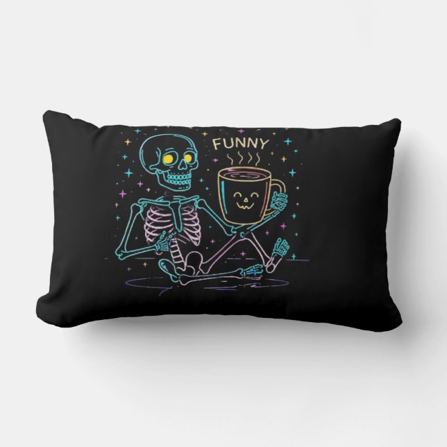 Cute Neon Skeleton Drinking Coffee – Funny Pastel  Lumbar Cushion (Front)