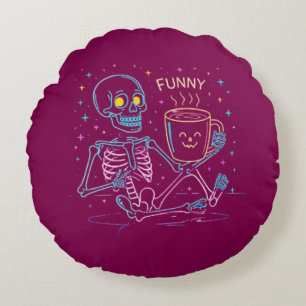 Cute Neon Skeleton Drinking Coffee – Funny Pastel Round Cushion
