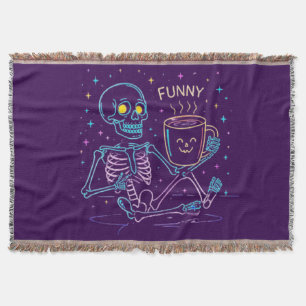 Cute Neon Skeleton Drinking Coffee – Funny Pastel  Throw Blanket