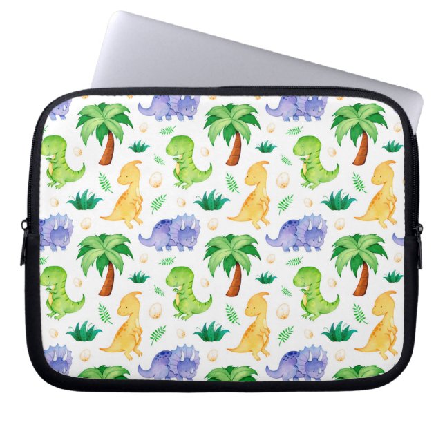 Cute Neon Watercolor Dinosaur Pattern Laptop Sleeve (Front)