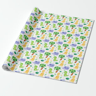 Cute Neon Watercolor Dinosaur Pattern Wrapping Paper