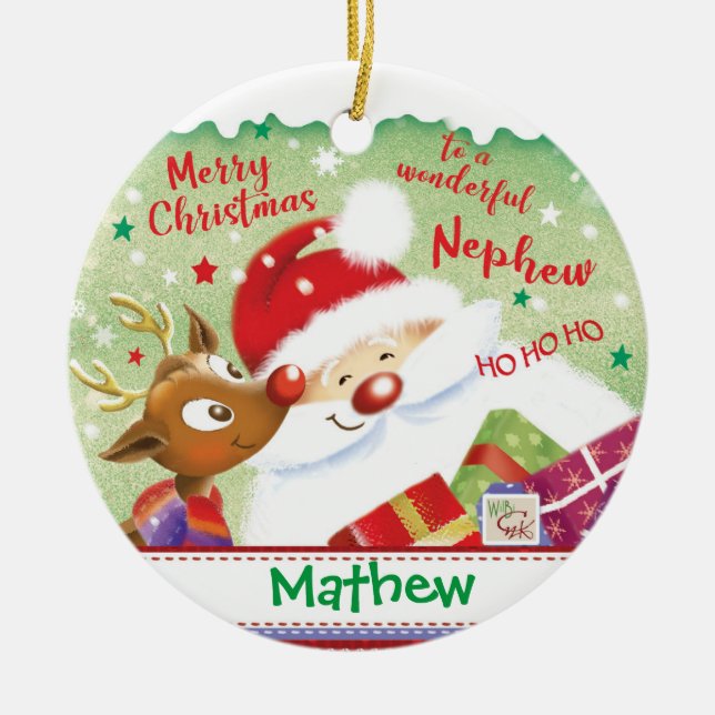 Cute Nephew, Santa, Deer & Presents, Christmas Ceramic Tree Decoration (Front)