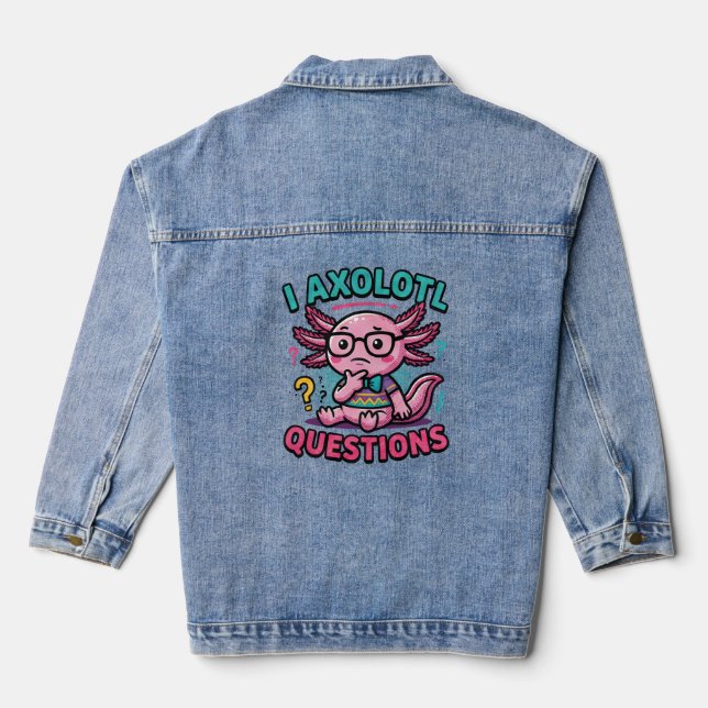 Cute Nerd Axolotl I Axolotl Questions Marks Meme Denim Jacket (Back)