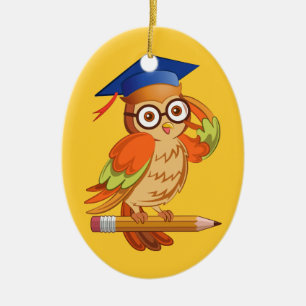Cute nerd owl on top of a pencil ceramic tree decoration