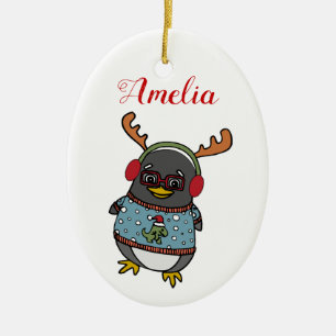Cute Nerd Penguin   Custom Name Christmas Ceramic Tree Decoration