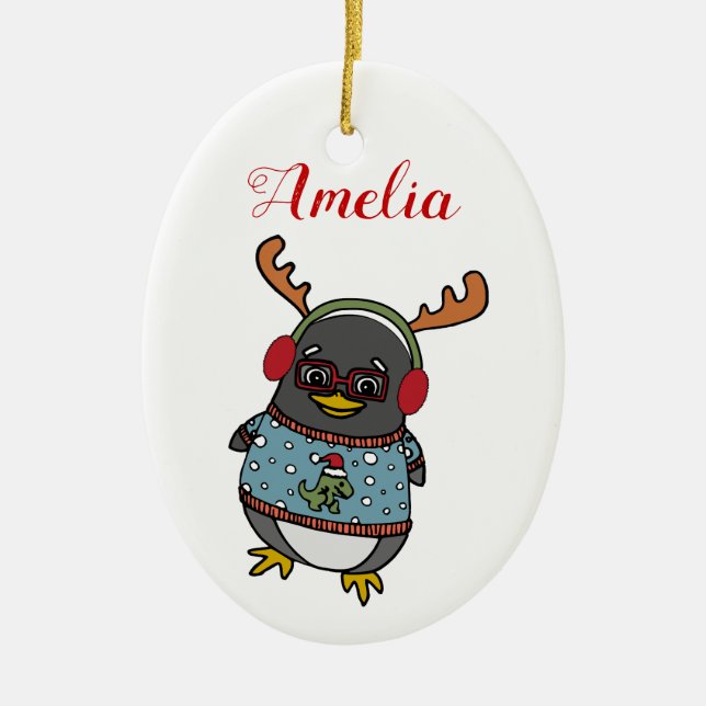 Cute Nerd Penguin | Custom Name Christmas Ceramic Tree Decoration (Front)