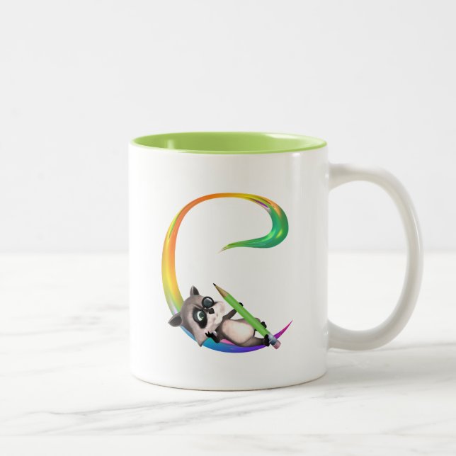 Cute Nerd Racoon Monogram C Two-Tone Coffee Mug (Right)