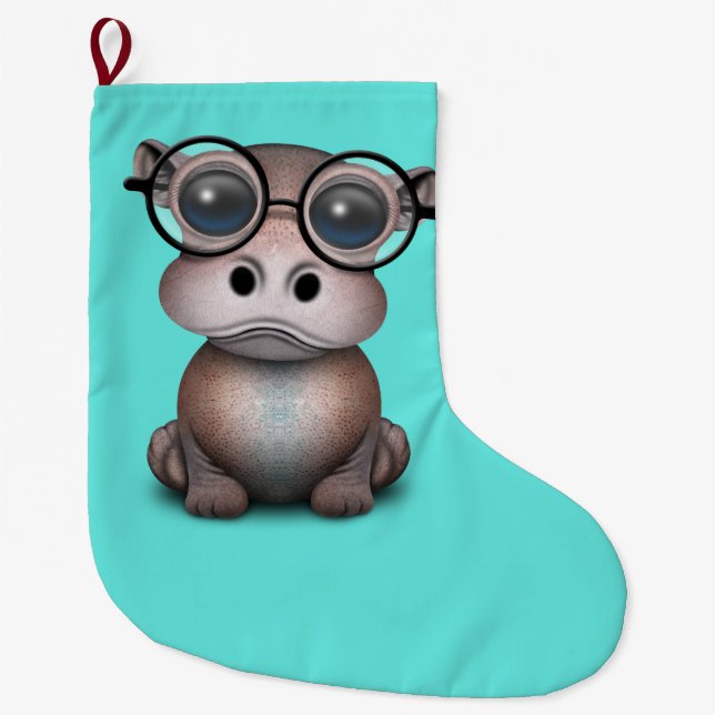 Cute Nerdy Baby Hippo Wearing Glasses Large Christmas Stocking (Front)