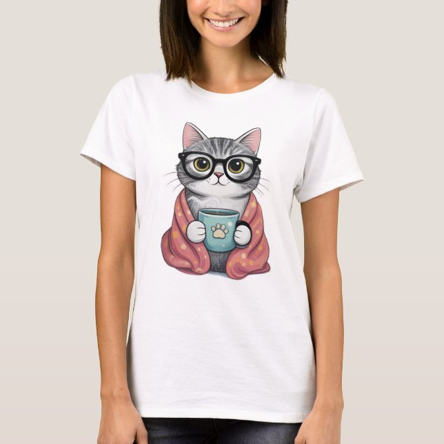 Cute Nerdy Cat Drinking Coffee T-Shirt (Front)
