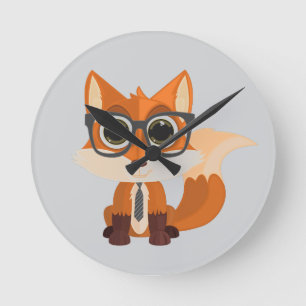 Cute Nerdy Fox Cartoon Kawaii Animal Fun Room Round Clock
