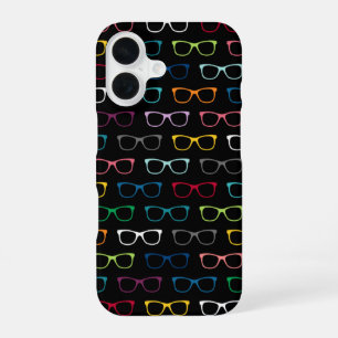 Cute Nerdy Hipster Glasses Pattern Colourful Black iPhone 16 Case
