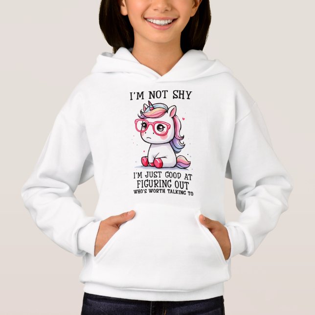 Cute Nerdy Unicorn Girls Hoodie: Shy and Adorable (Front)