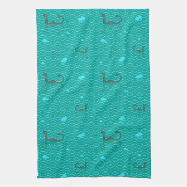 Cute Nessies Iceburgs And Fish On A Blue Sea Tea Towel (Vertical)