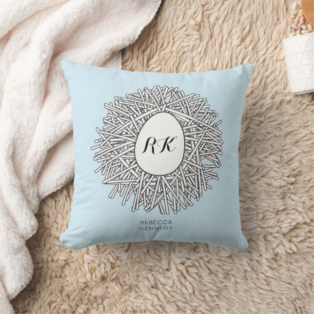 Cute Nest & Egg Personalised Initials & Name Blue Cushion (Blanket)