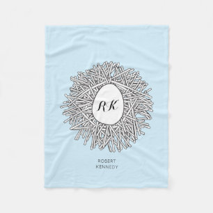 Cute Nest & Egg Personalised Initials & Name Blue Fleece Blanket