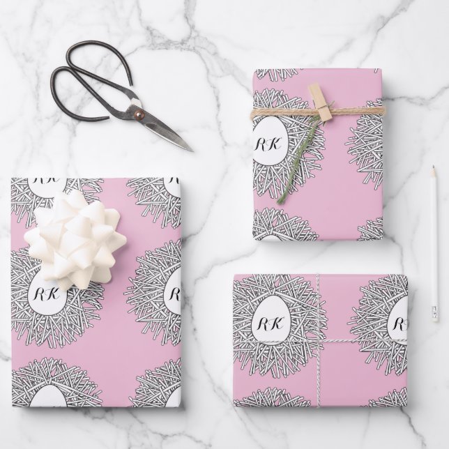 Cute Nest & Egg Personalised Initials & Name Pink Wrapping Paper Sheet (Front)