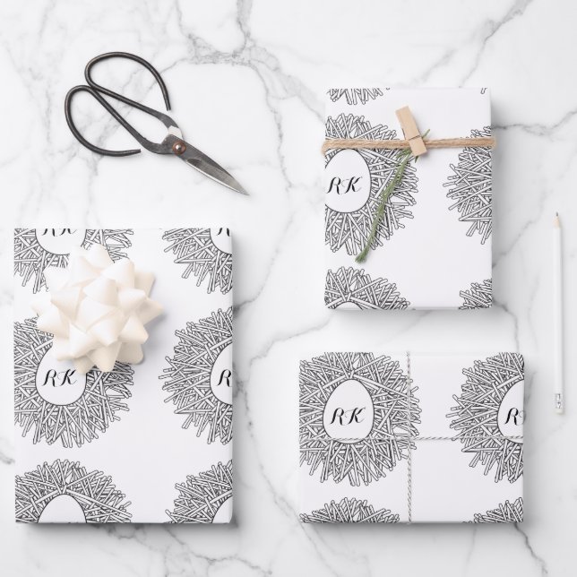 Cute Nest & Egg - Personalised Initials & Name Wrapping Paper Sheet (Front)