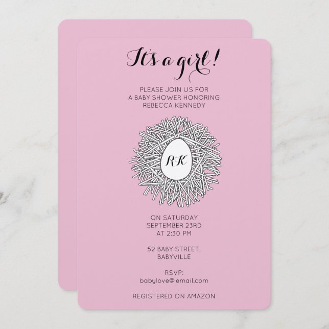 Cute Nest Monogram Baby Girl Baby Shower Invitation (Front/Back)