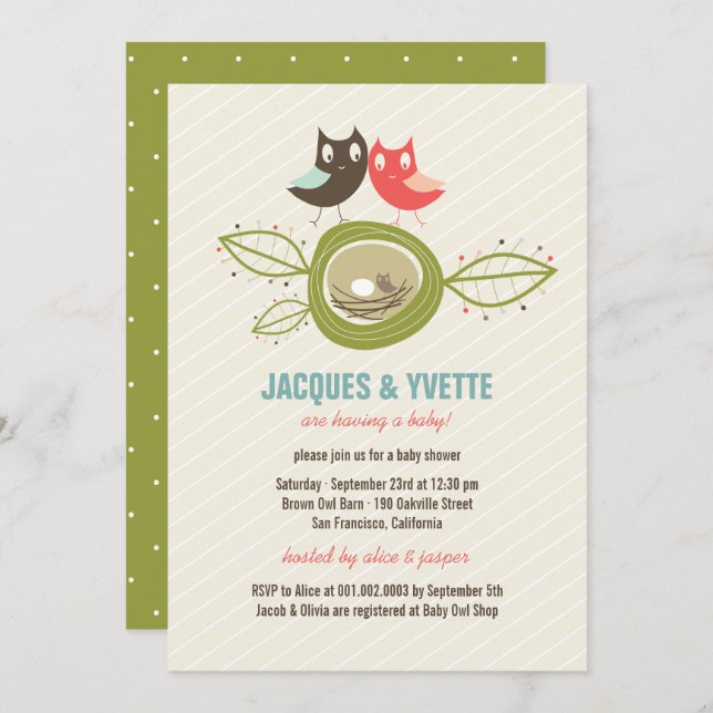 Cute Nesting Owl Family Couple Baby Shower Invite (Front/Back)