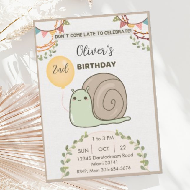 Cute Neutral Beige Snail Birthday Party Invitation (Creator Uploaded)