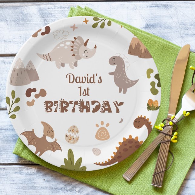 Cute Neutral Dinosaur Birthday Paper Plate (Creator Uploaded)