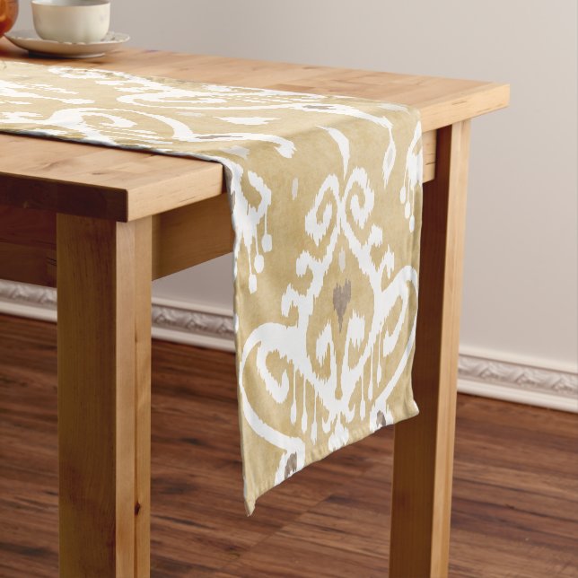 Cute neutral gold beige ikat tribal patterns short table runner (In Situ)