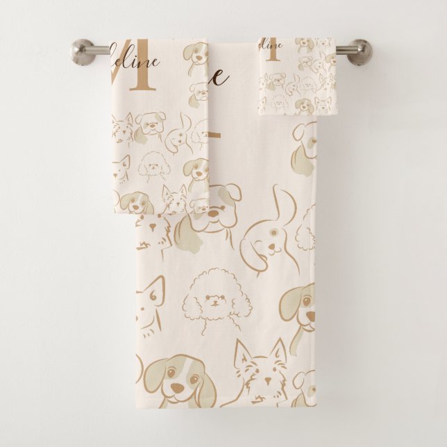 Cute Neutral Pop Dog Pattern Elegant Monogram Bath Towel Set (Insitu)