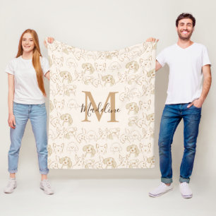 Cute Neutral Pop Dog Pattern Elegant Monogram Fleece Blanket