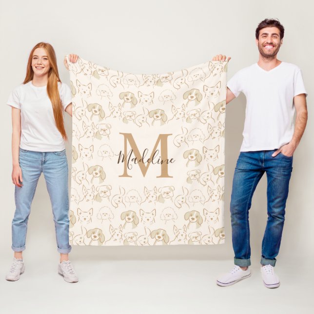 Cute Neutral Pop Dog Pattern Elegant Monogram Fleece Blanket (In Situ)