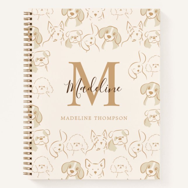 Cute Neutral Pop Dog Pattern Elegant Monogram Notebook (Front)
