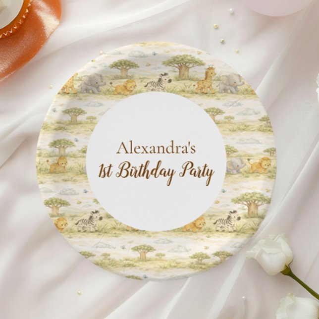 Cute Neutral Safari Animals First Birthday Paper Plate (Creator Uploaded)