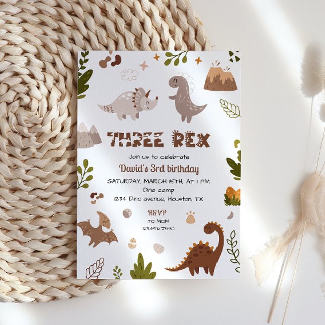 Cute Neutral Three Rex Dinosaur Birthday Invitation (Creator Uploaded)