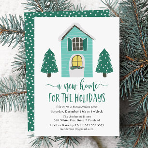 Cute New Home For The Holidays Green Housewarming Invitation