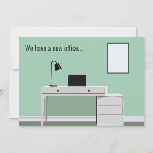 Cute New Office Address Change Green Desk Moving Announcement (Front)
