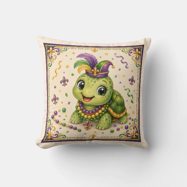 Cute New Orleans Mardi Gras Turtle Throw Pillow (Front)