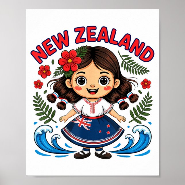 Cute New Zealand Girl With Fern And Waves Dor Kids Poster (Front)