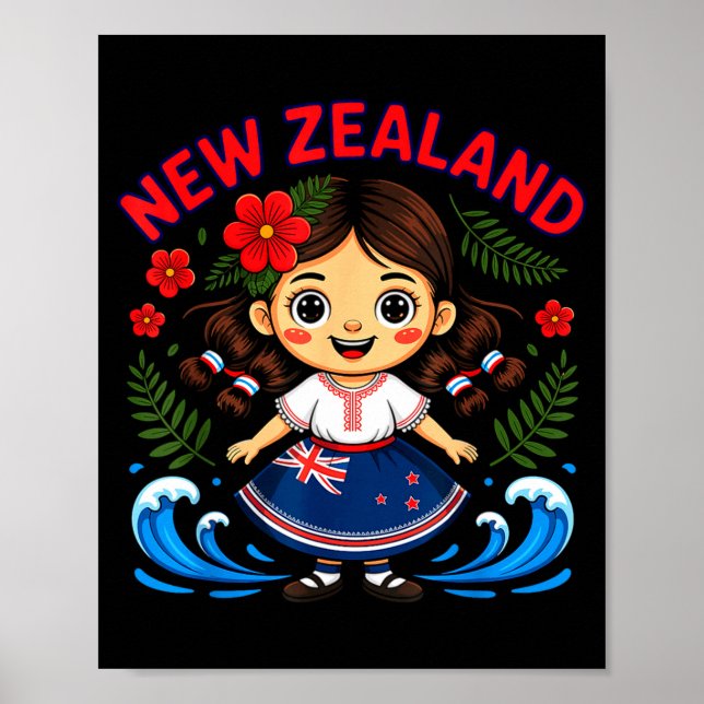 Cute New Zealand Girl With Fern And Waves Dor Kids Poster (Front)