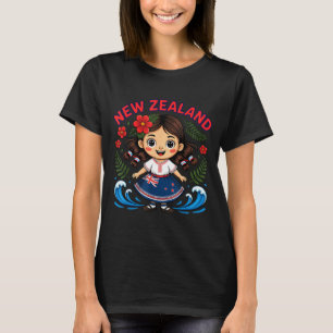 Cute New Zealand Girl With Fern And Waves Dor Kids T-Shirt