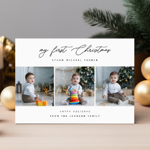 Cute Newborn Baby's First Christmas 3 Photo Holiday Card